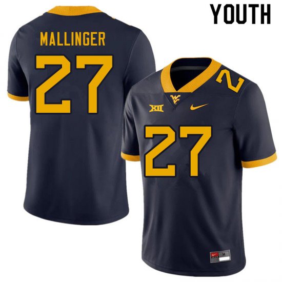 Youth West Virginia Mountaineers NCAA #27 Davis Mallinger Navy Authentic Nike Stitched College Football Jersey WH15F15WI